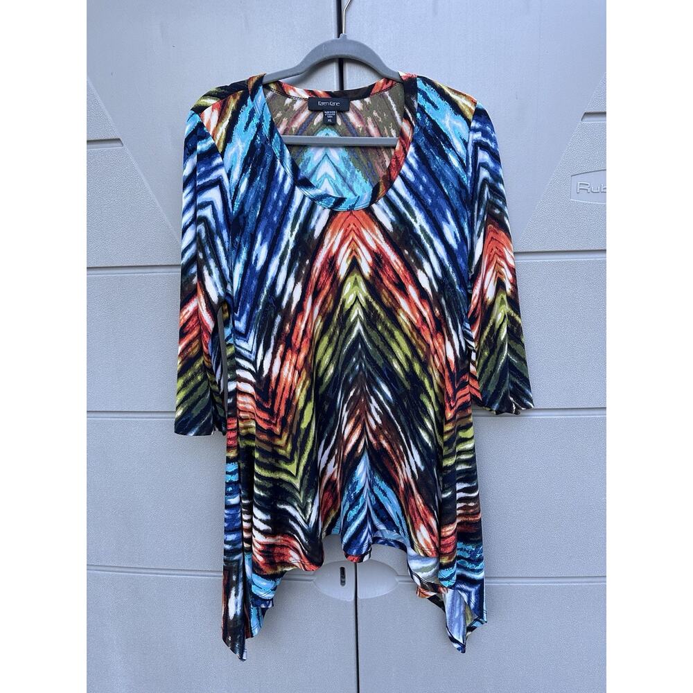 Karen Kane Women Tunic Sz XL Vibrant Multicolored Asymmetric Hem Jersey Stretchy